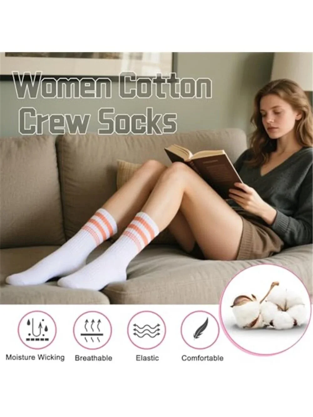 7 Pairs Womens Crew Cotton Socks Casual Breathable Striped Calf Socks